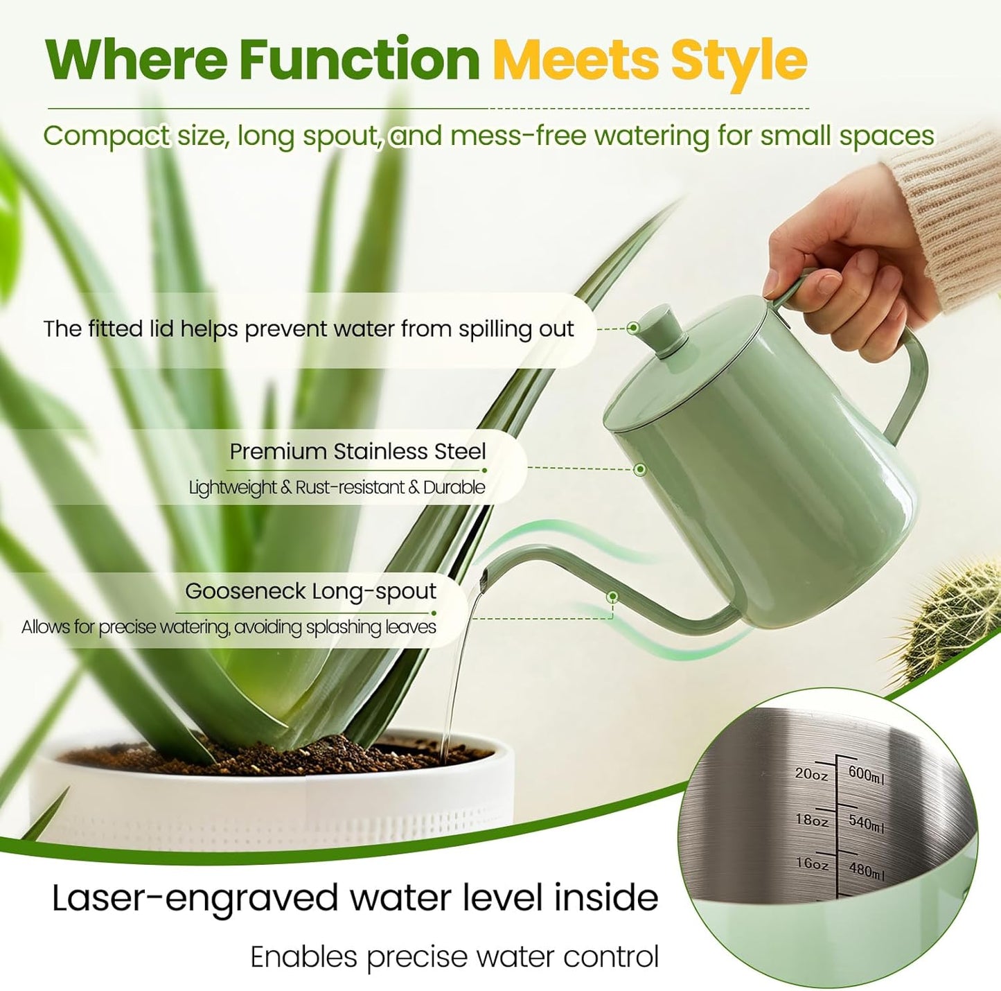 Watering Can for Indoor Plants, 20 oz Metal Small Plant Watering Can with Long Spout for House Plants, 13.5 oz Glass Plant Mister Spray Bottle for Bonsai Garden Flowers Decorative (Green)