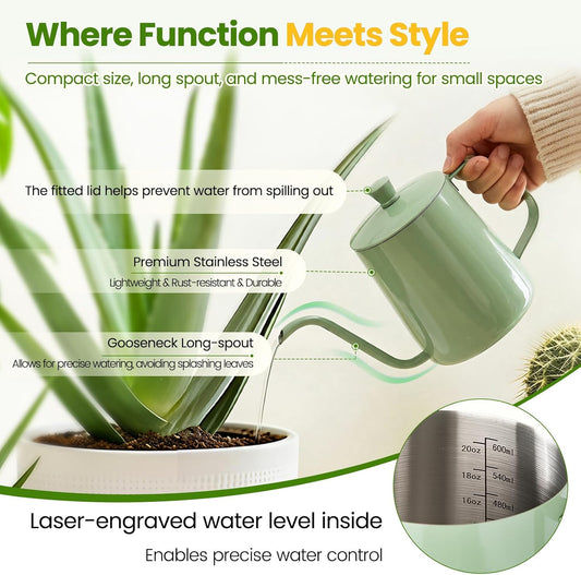 Watering Can for Indoor Plants, 20 oz Metal Small Plant Watering Can with Long Spout for House Plants, 13.5 oz Glass Plant Mister Spray Bottle for Bonsai Garden Flowers Decorative (Green)