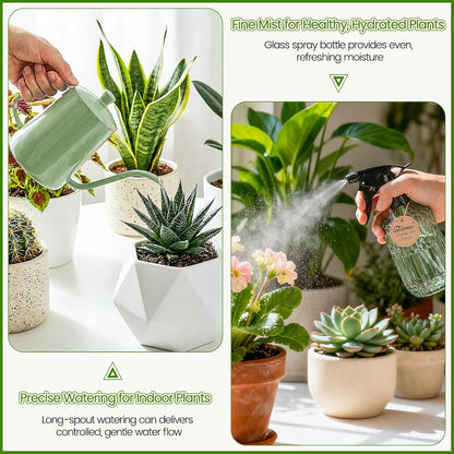 Watering Can for Indoor Plants, 20 oz Metal Small Plant Watering Can with Long Spout for House Plants, 13.5 oz Glass Plant Mister Spray Bottle for Bonsai Garden Flowers Decorative (Green)