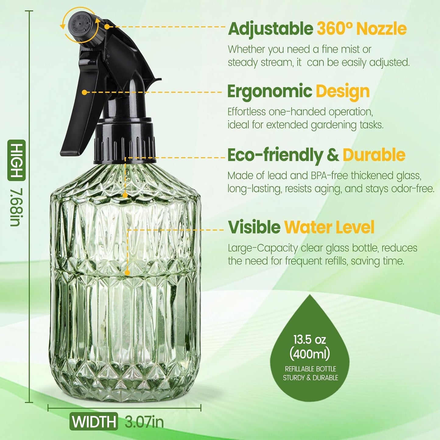 Watering Can for Indoor Plants, 20 oz Metal Small Plant Watering Can with Long Spout for House Plants, 13.5 oz Glass Plant Mister Spray Bottle for Bonsai Garden Flowers Decorative (Green)