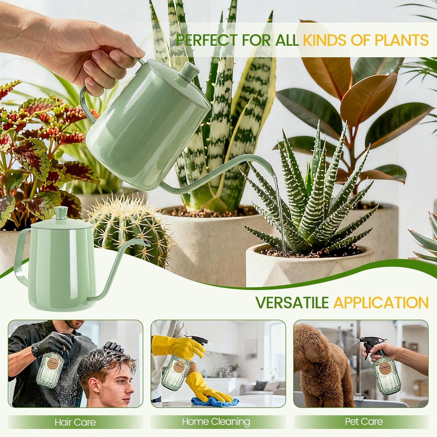 Watering Can for Indoor Plants, 20 oz Metal Small Plant Watering Can with Long Spout for House Plants, 13.5 oz Glass Plant Mister Spray Bottle for Bonsai Garden Flowers Decorative (Green)