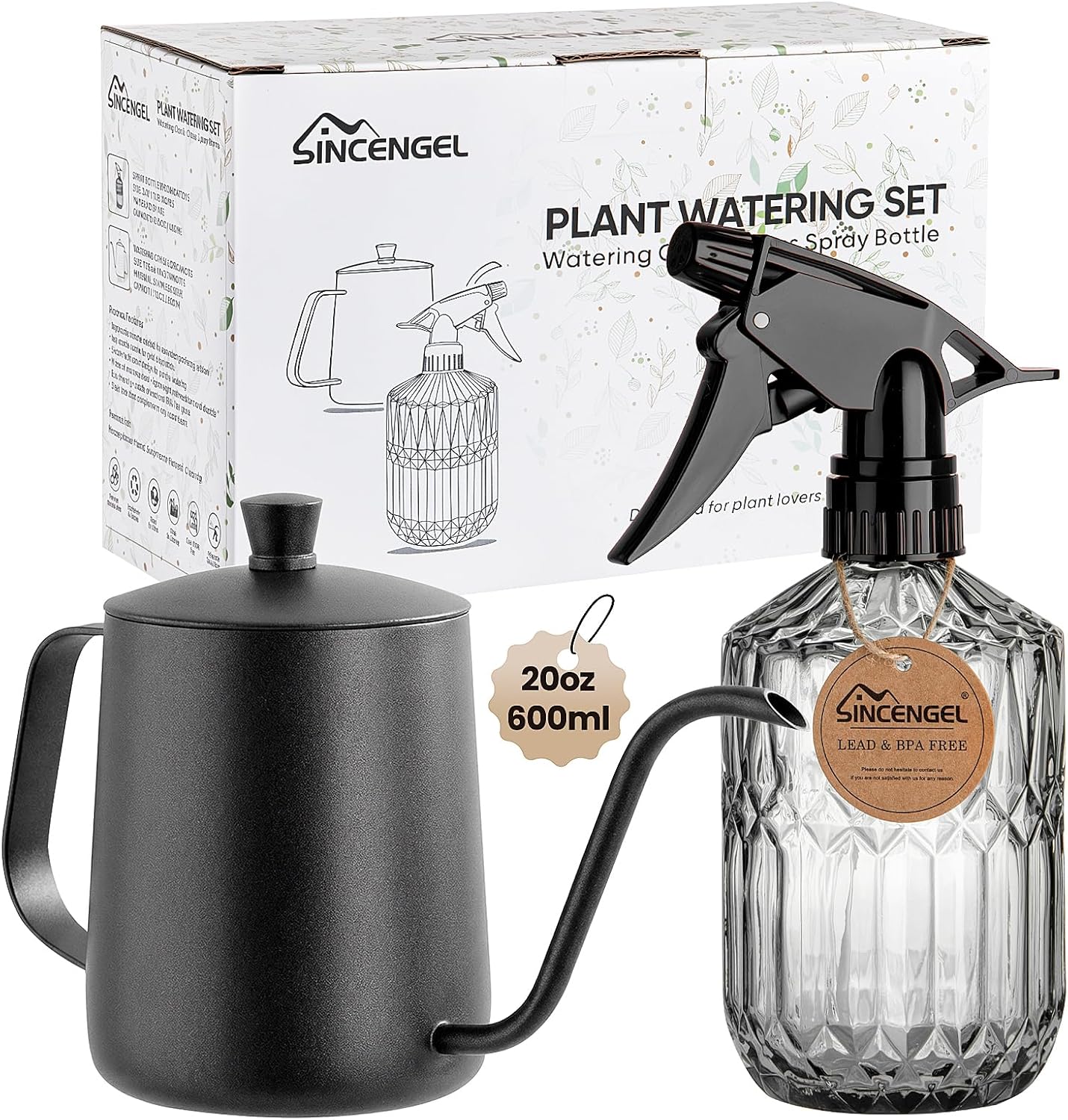 Watering Can for Indoor Plants, 20 oz Metal Small Plant Watering Can with Long Spout for House Plants, 13.5 oz Glass Plant Mister Spray Bottle for Bonsai Garden Flowers Decorative (Green)
