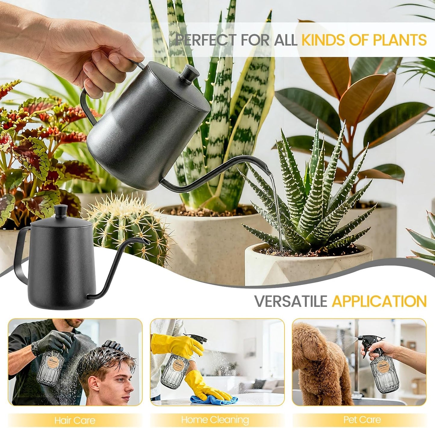 Watering Can for Indoor Plants, 20 oz Metal Small Plant Watering Can with Long Spout for House Plants, 13.5 oz Glass Plant Mister Spray Bottle for Bonsai Garden Flowers Decorative (Green)