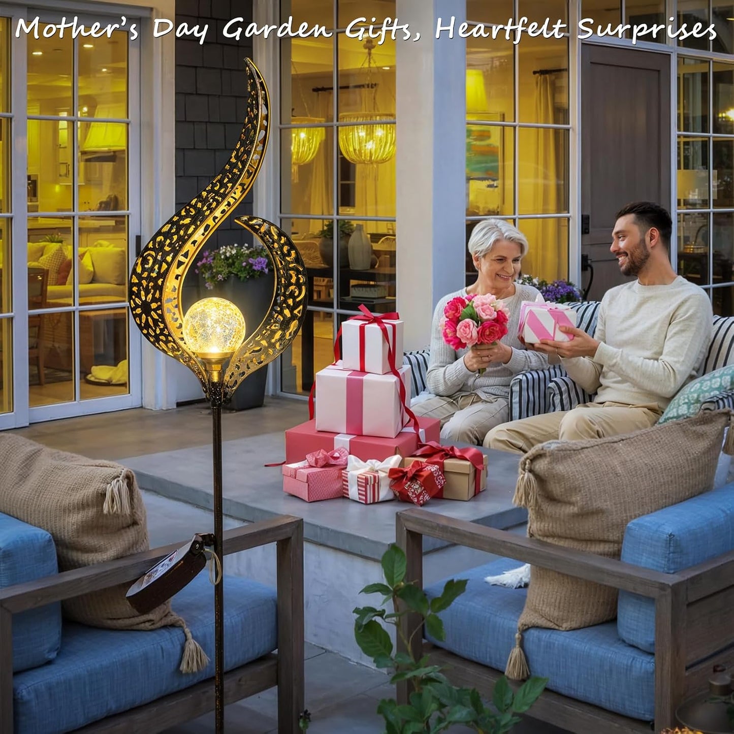 Outdoor Garden Gifts Solar Lights Stake Waterproof, Mothers Day Gifts Mom, Crackle Glass Metal Flower LED Yard Art Ornaments Lights for Pathway, Lawn or Courtyard, Birthday Gifts Women (Bronze)