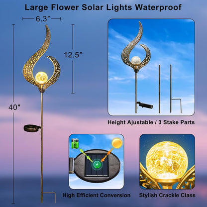 Outdoor Garden Gifts Solar Lights Stake Waterproof, Mothers Day Gifts Mom, Crackle Glass Metal Flower LED Yard Art Ornaments Lights for Pathway, Lawn or Courtyard, Birthday Gifts Women (Bronze)