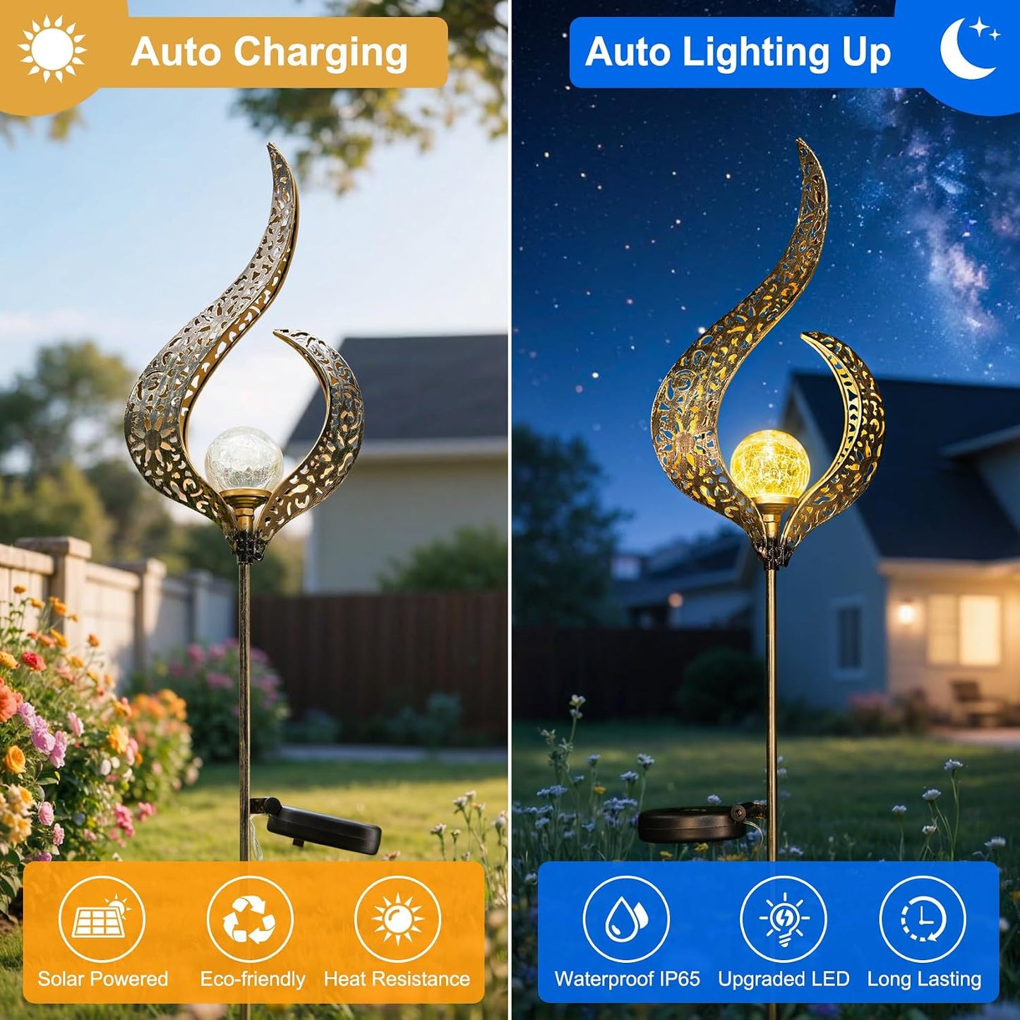 Outdoor Garden Gifts Solar Lights Stake Waterproof, Mothers Day Gifts Mom, Crackle Glass Metal Flower LED Yard Art Ornaments Lights for Pathway, Lawn or Courtyard, Birthday Gifts Women (Bronze)
