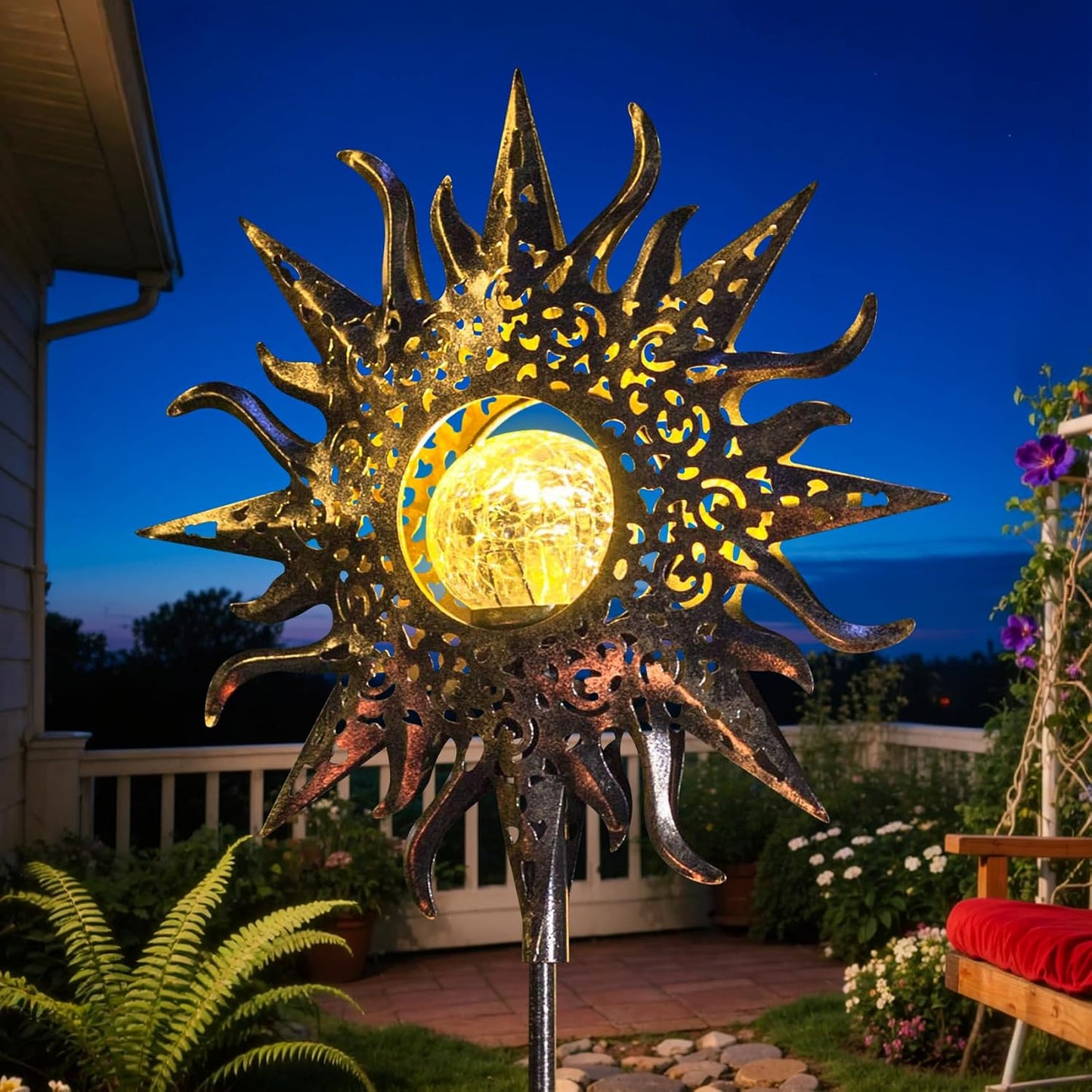 Outdoor Garden Gifts Solar Lights Stake Waterproof, Mothers Day Gifts Mom, Crackle Glass Metal Flower LED Yard Art Ornaments Lights for Pathway, Lawn or Courtyard, Birthday Gifts Women (Bronze)