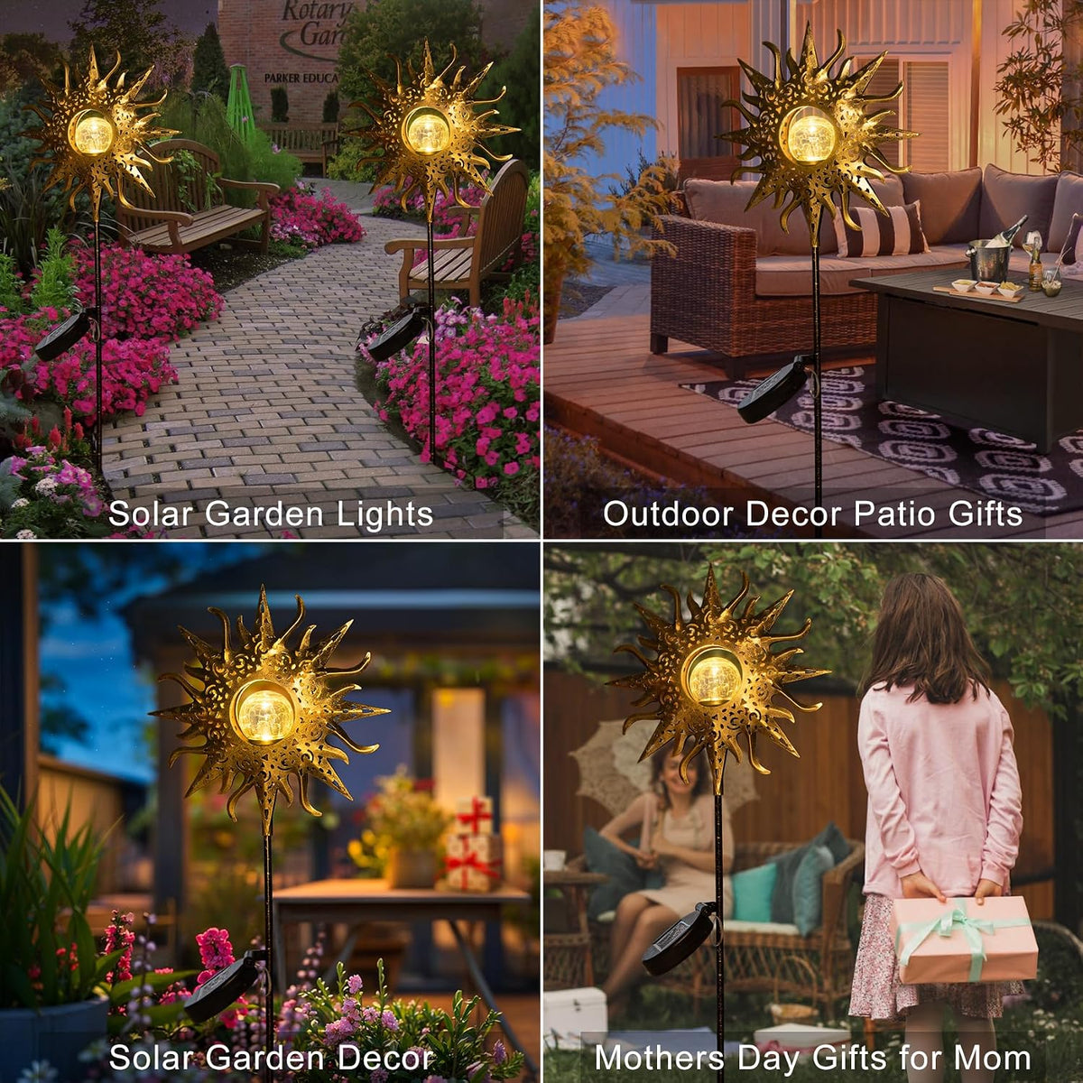 Outdoor Garden Gifts Solar Lights Stake Waterproof, Mothers Day Gifts Mom, Crackle Glass Metal Flower LED Yard Art Ornaments Lights for Pathway, Lawn or Courtyard, Birthday Gifts Women (Bronze)