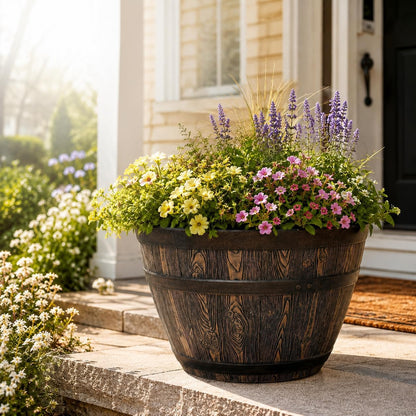 Whiskey Barrel Planter 15.8", Resin with Wood Grain Finish, Brown