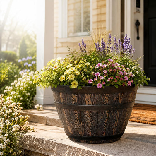 Whiskey Barrel Planter 15.8", Resin with Wood Grain Finish, Brown