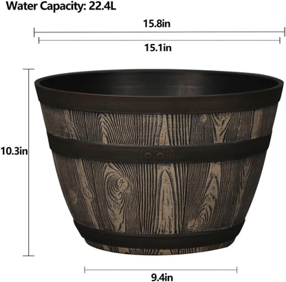 Whiskey Barrel Planter 15.8", Resin with Wood Grain Finish, Brown