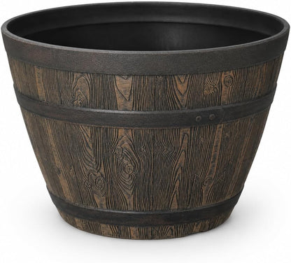 Whiskey Barrel Planter 15.8", Resin with Wood Grain Finish, Brown