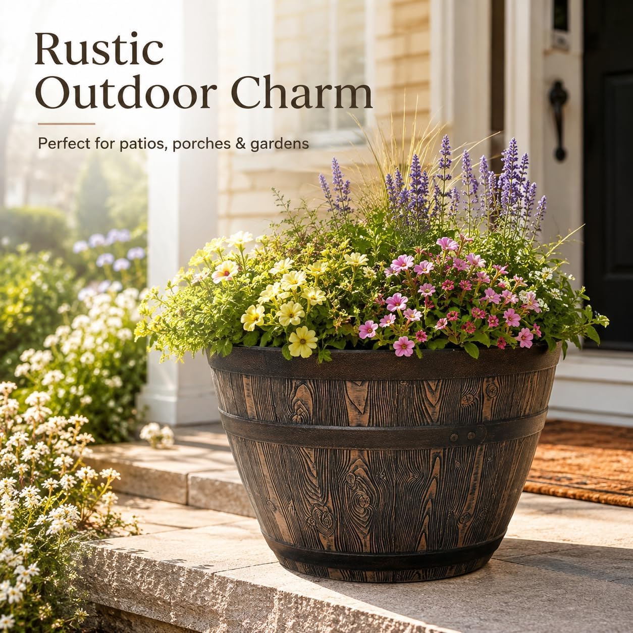 Whiskey Barrel Planter 15.8", Resin with Wood Grain Finish, Brown