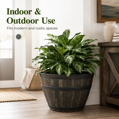 Whiskey Barrel Planter 15.8", Resin with Wood Grain Finish, Brown