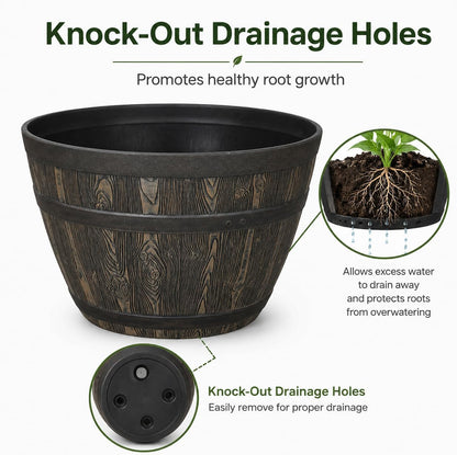 Whiskey Barrel Planter 15.8", Resin with Wood Grain Finish, Brown