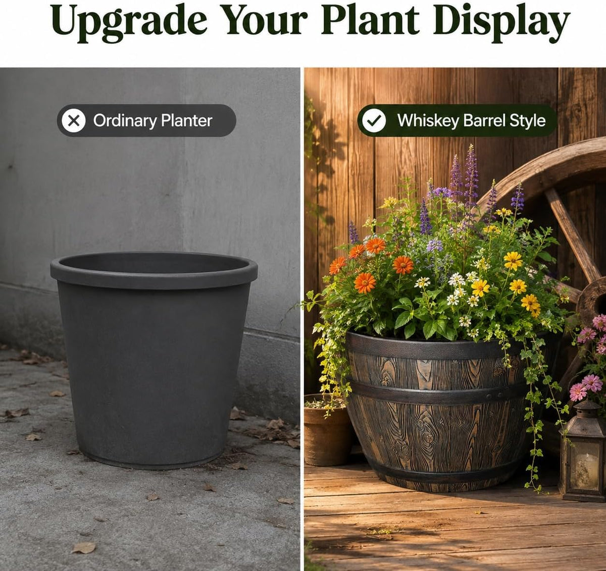 Whiskey Barrel Planter 15.8", Resin with Wood Grain Finish, Brown