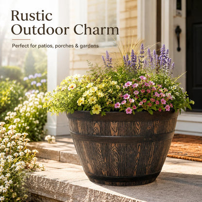 Whiskey Barrel Planter 15.8", Resin with Wood Grain Finish, Brown