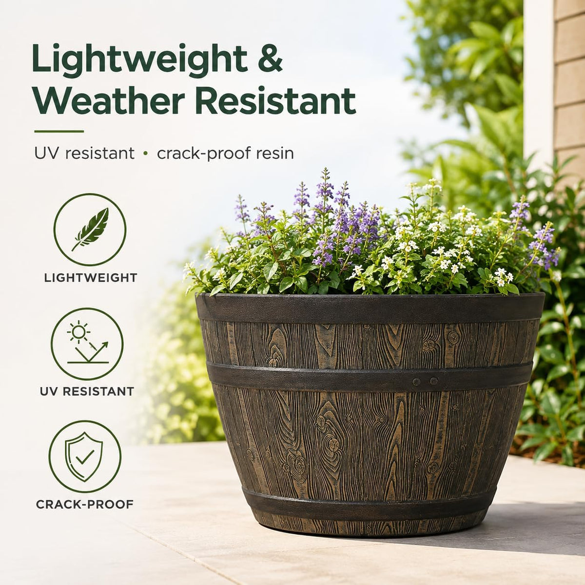 Whiskey Barrel Planter 15.8", Resin with Wood Grain Finish, Brown