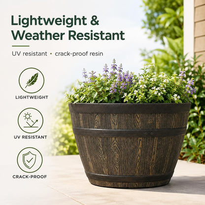 Whiskey Barrel Planter 15.8", Resin with Wood Grain Finish, Brown
