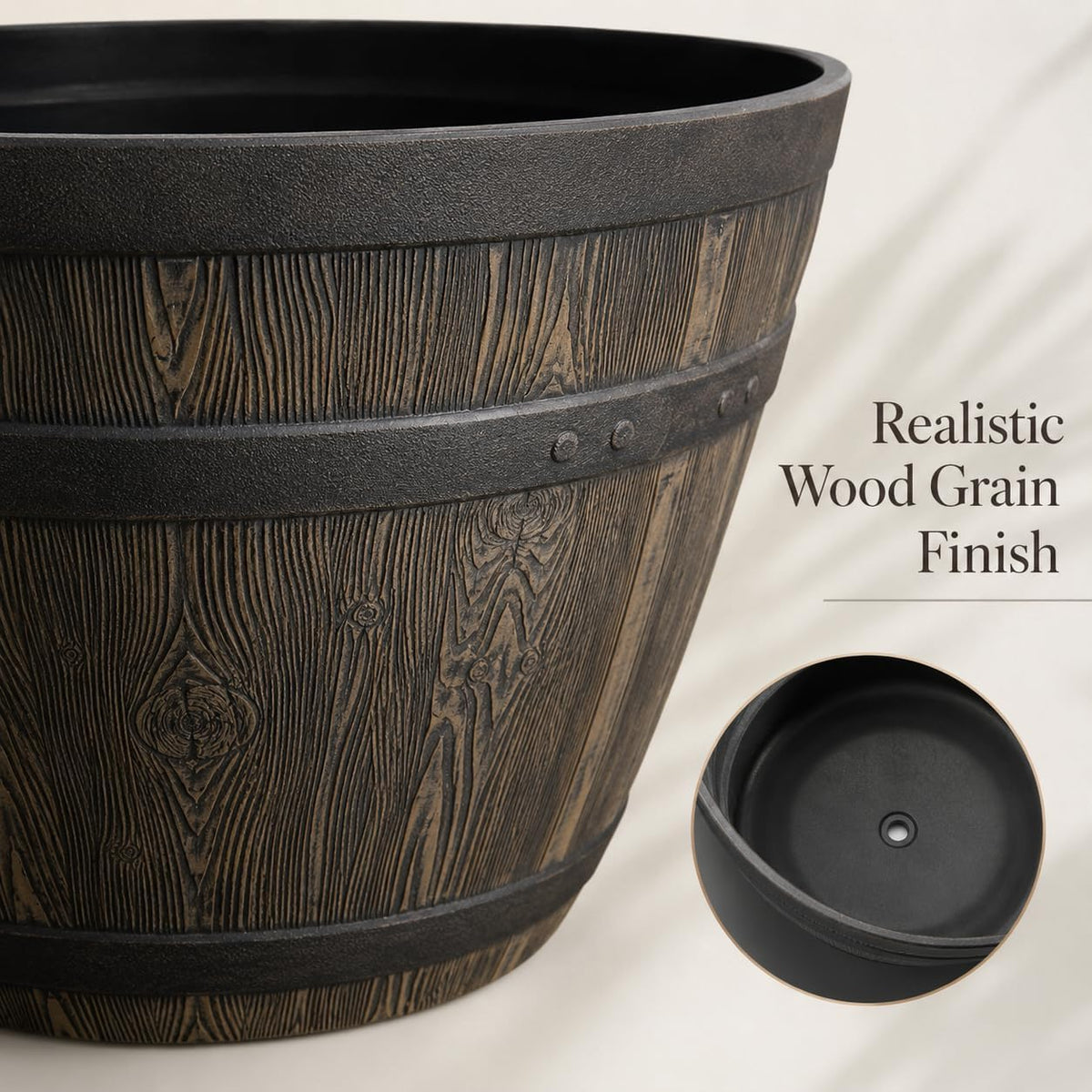 Whiskey Barrel Planter 15.8", Resin with Wood Grain Finish, Brown