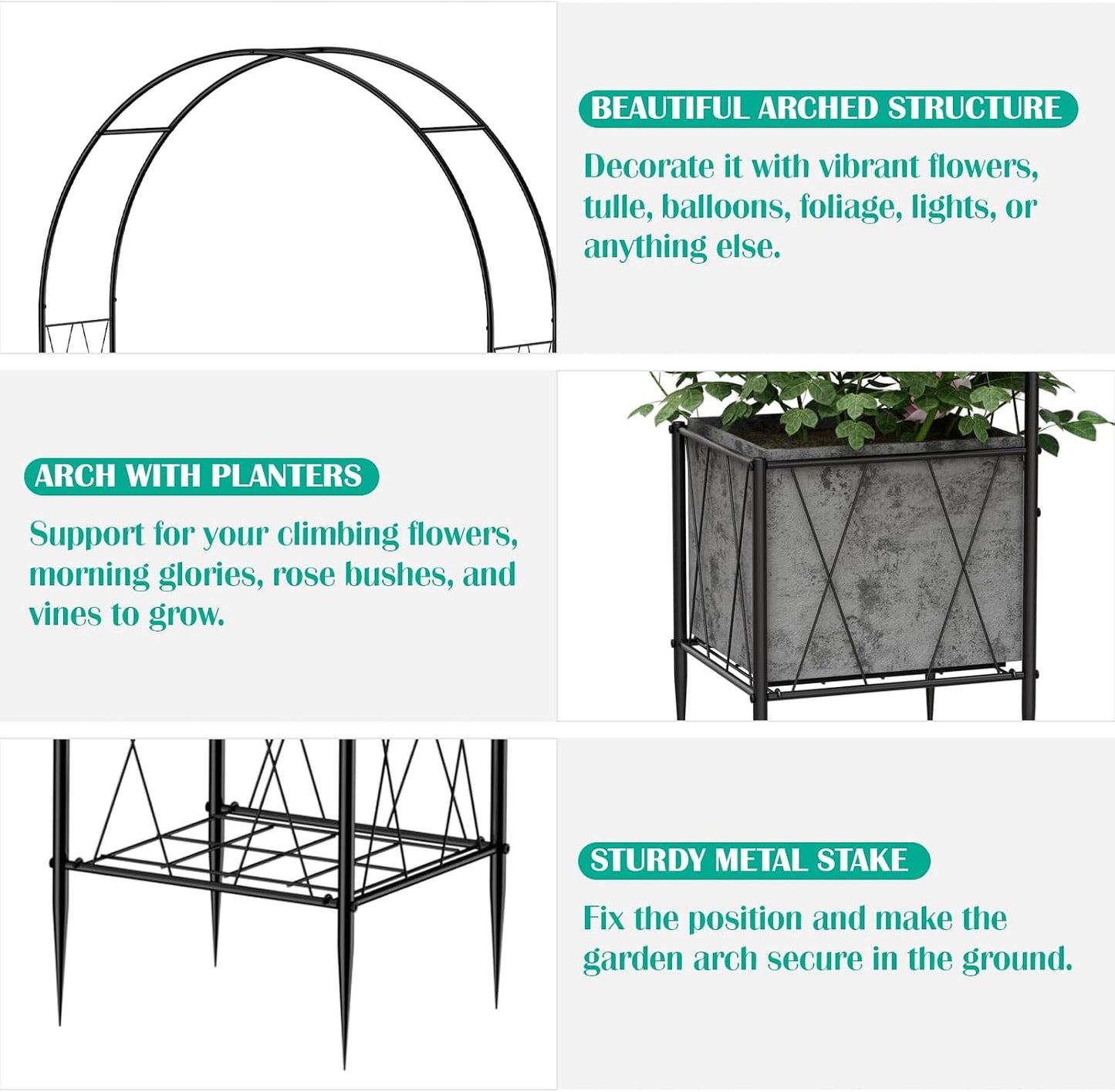 Garden Arch Arbor Trellis with Planter Boxes 8.2 Ft Metal Arch Trellis