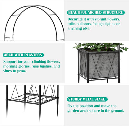 Garden Arch Arbor Trellis with Planter Boxes 8.2 Ft Metal Arch Trellis