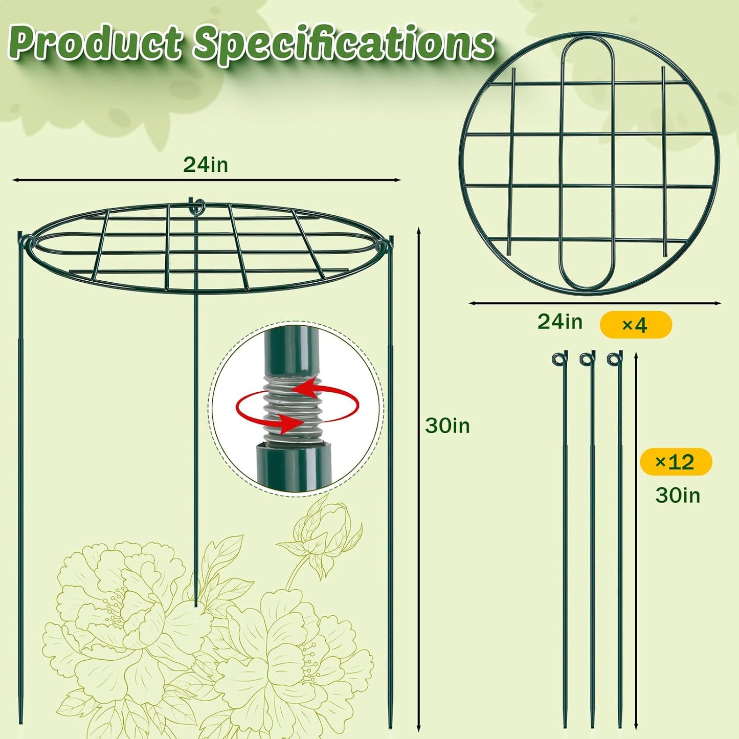 8 Pack 12 x 15.7 inch Peony Cages and Supports,Metal Grow Through Plant Supports for Outdoor Plants,Flowers Support Rings Top-Heavy Plant Brace Support Hoop for Vegetables,Rose,Tomato,Orchids