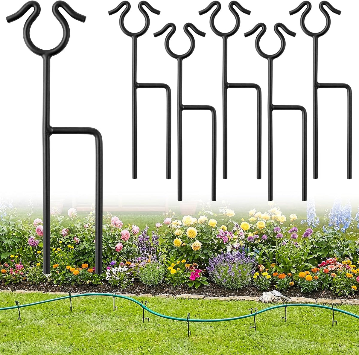 6 Pack Garden Hose Guide Stakes, 14 inch Metal Hose Guides for Garden Heavy Duty Rustproof Coated Spike Keeps Water Hose Out of Flower Beds Outside Lawn & Yard Plant Protection (Black)
