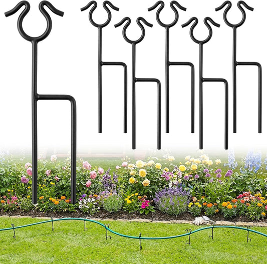 6 Pack Garden Hose Guide Stakes, 14 inch Metal Hose Guides for Garden Heavy Duty Rustproof Coated Spike Keeps Water Hose Out of Flower Beds Outside Lawn & Yard Plant Protection (Black)