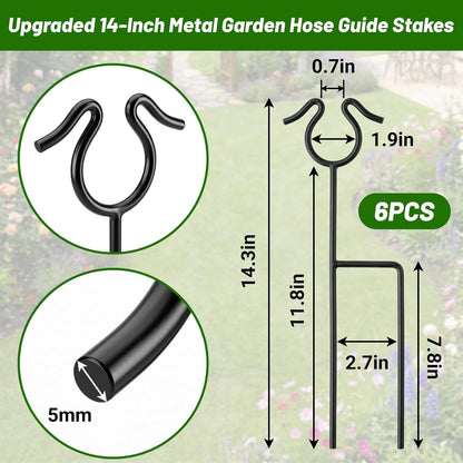6 Pack Garden Hose Guide Stakes, 14 inch Metal Hose Guides for Garden Heavy Duty Rustproof Coated Spike Keeps Water Hose Out of Flower Beds Outside Lawn & Yard Plant Protection (Black)