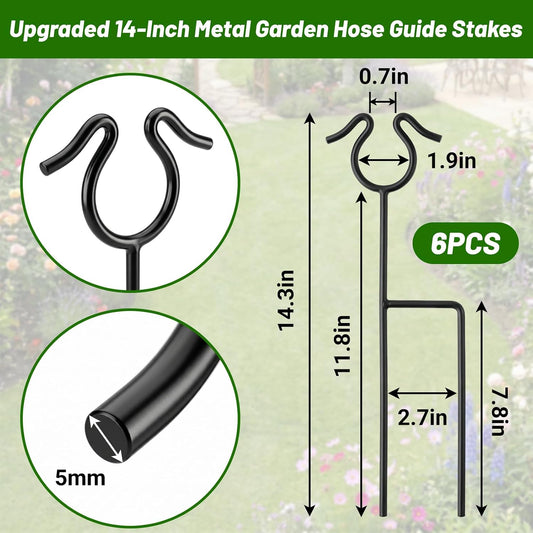 6 Pack Garden Hose Guide Stakes, 14 inch Metal Hose Guides for Garden Heavy Duty Rustproof Coated Spike Keeps Water Hose Out of Flower Beds Outside Lawn & Yard Plant Protection (Black)