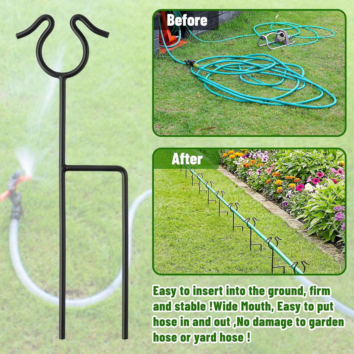 6 Pack Garden Hose Guide Stakes, 14 inch Metal Hose Guides for Garden Heavy Duty Rustproof Coated Spike Keeps Water Hose Out of Flower Beds Outside Lawn & Yard Plant Protection (Black)