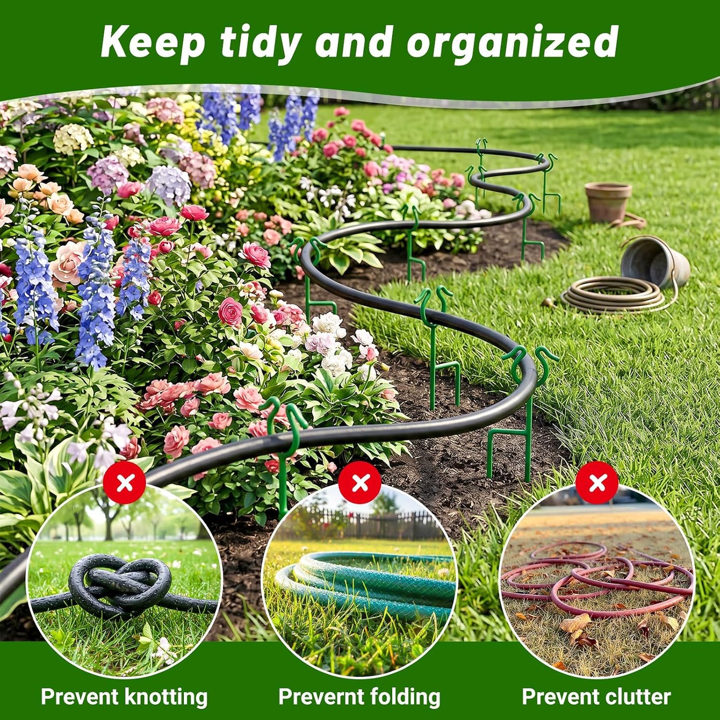 6 Pack Garden Hose Guide Stakes, 14 inch Metal Hose Guides for Garden Heavy Duty Rustproof Coated Spike Keeps Water Hose Out of Flower Beds Outside Lawn & Yard Plant Protection (Black)