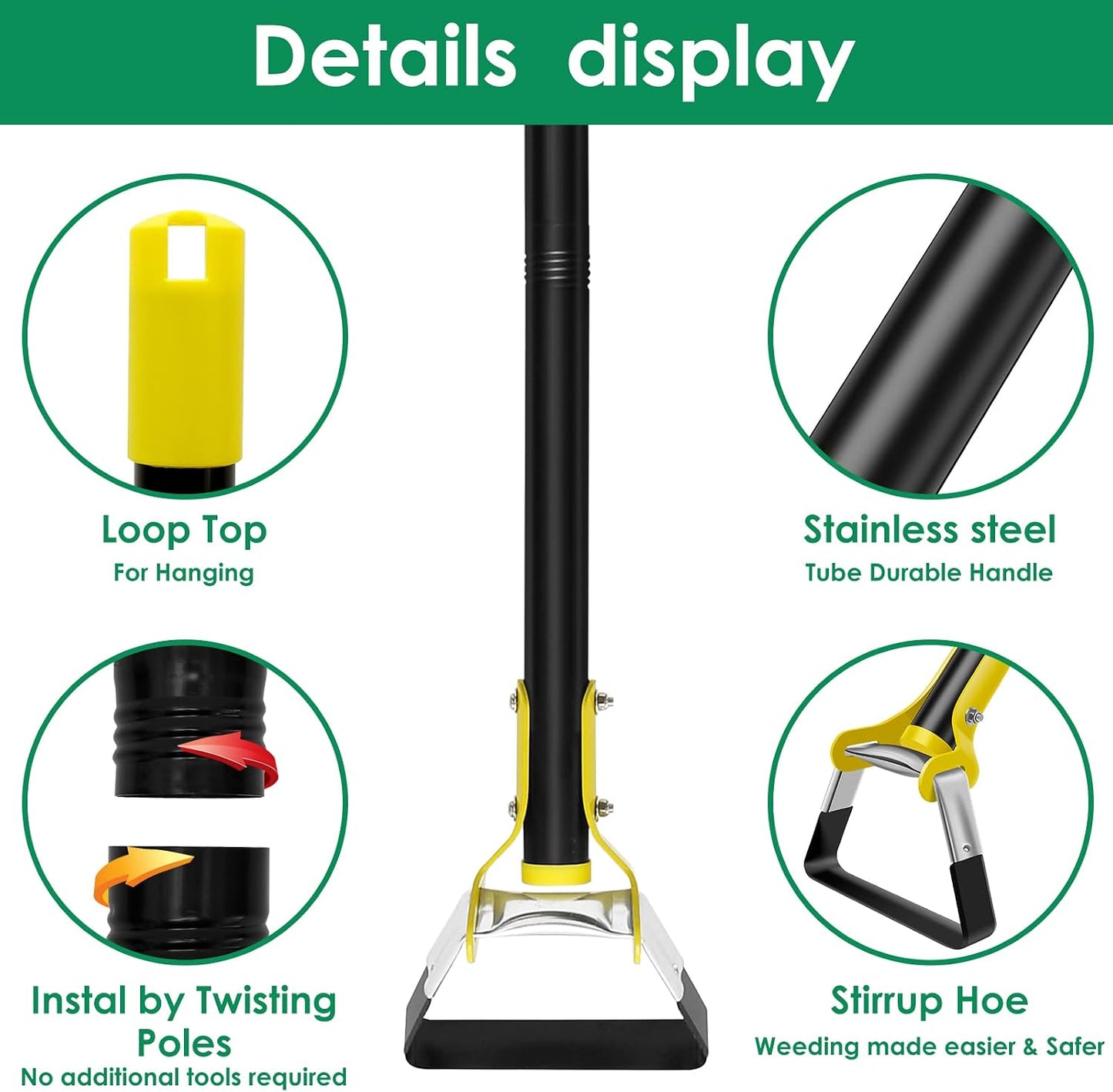 Garden Hoe Tool 1.2/1.6M Stainless Steel Stirrup Loop Hoe with Triangle Head and Long Handle Ergonomic Weeding Tool for Backyard Courtyard Vegetable Farm Planting(3 Sections 1.2m)