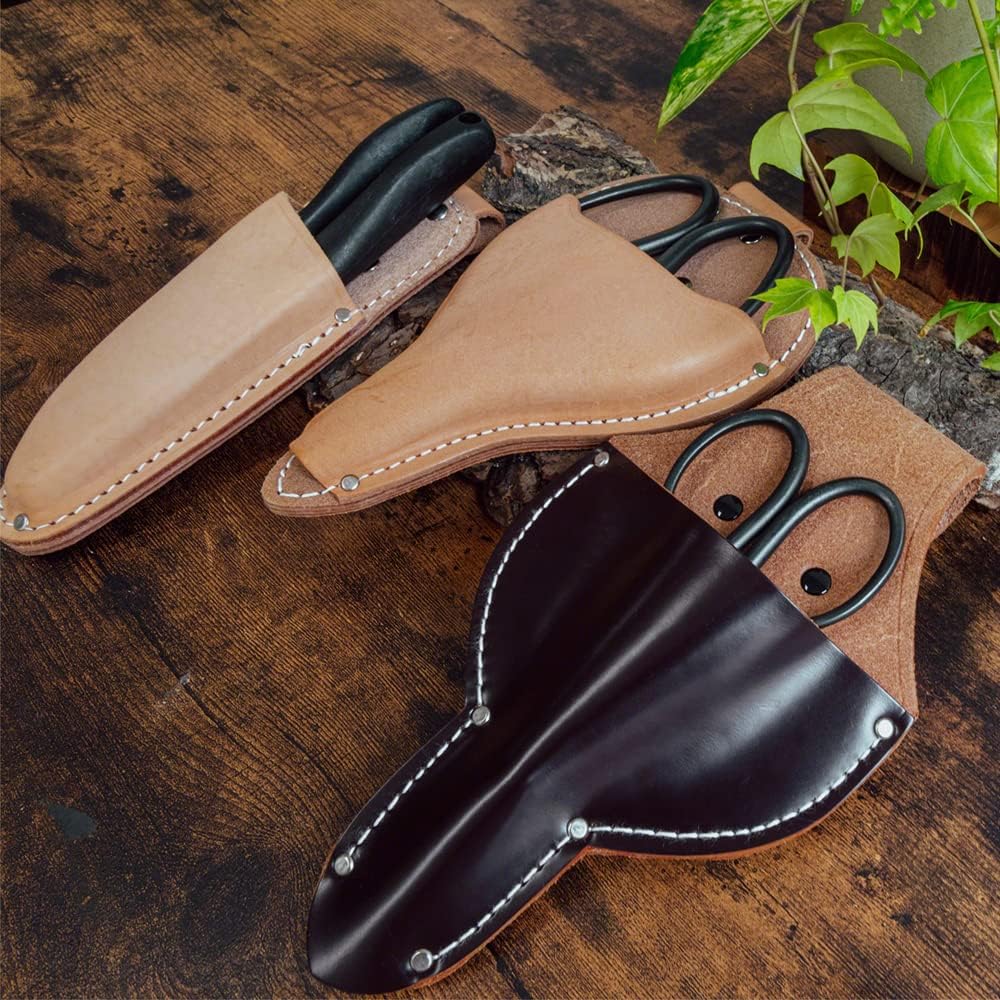 Wazakura Leather Tool Holster for Bonsai Scissors Made in Japan, Dark Brown, Japanese Garden Small Tool Pouch with Belt Clip, Scissor Holder with Belt Loop, Bonsai Shears Case for Gardening Tool Belt