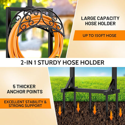 Garden Hose Holder for Outside - Upgraded Water Hose Holders with 5 Spikes & 2 Shepherds Hooks, Freestanding Hose Stand Heavy Duty Hose Hanger Hose Storage Hose Reel Rack for Outside Yard Lawn