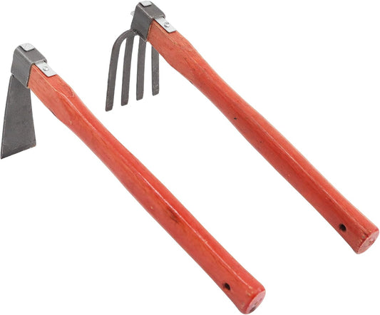 Heavy Duty Garden Tool Set, 2-Piece Hand Cultivator Kit with Carbon Steel Hoe & Rake, 15.2inch Wooden Handle Gardening Hand Tools for Digging, Weeding, Loosening Soil