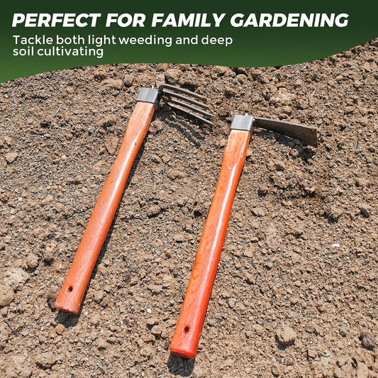 Heavy Duty Garden Tool Set, 2-Piece Hand Cultivator Kit with Carbon Steel Hoe & Rake, 15.2inch Wooden Handle Gardening Hand Tools for Digging, Weeding, Loosening Soil