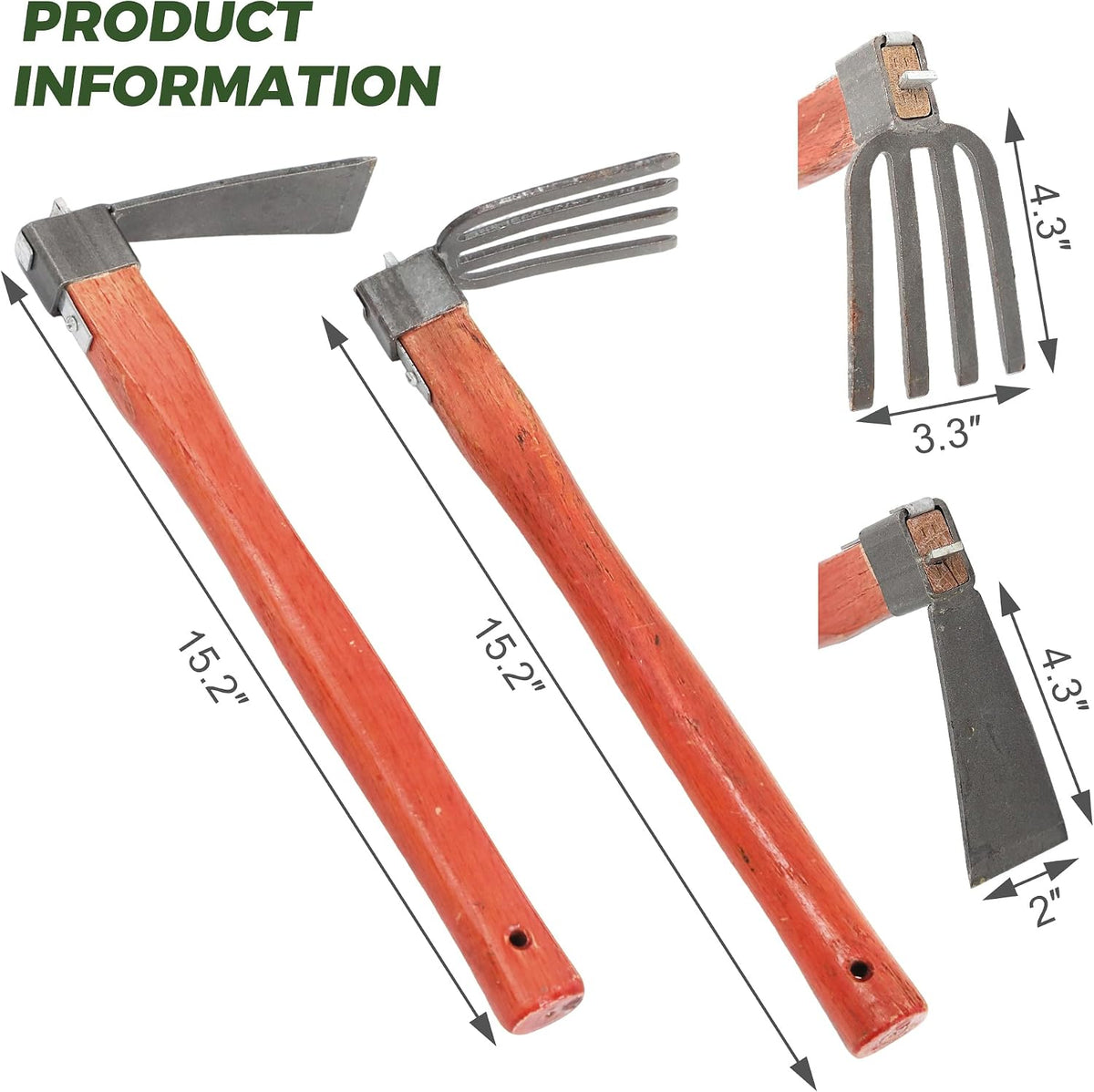Heavy Duty Garden Tool Set, 2-Piece Hand Cultivator Kit with Carbon Steel Hoe & Rake, 15.2inch Wooden Handle Gardening Hand Tools for Digging, Weeding, Loosening Soil