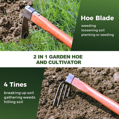 Heavy Duty Garden Tool Set, 2-Piece Hand Cultivator Kit with Carbon Steel Hoe & Rake, 15.2inch Wooden Handle Gardening Hand Tools for Digging, Weeding, Loosening Soil