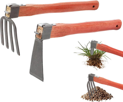 Heavy Duty Garden Tool Set, 2-Piece Hand Cultivator Kit with Carbon Steel Hoe & Rake, 15.2inch Wooden Handle Gardening Hand Tools for Digging, Weeding, Loosening Soil