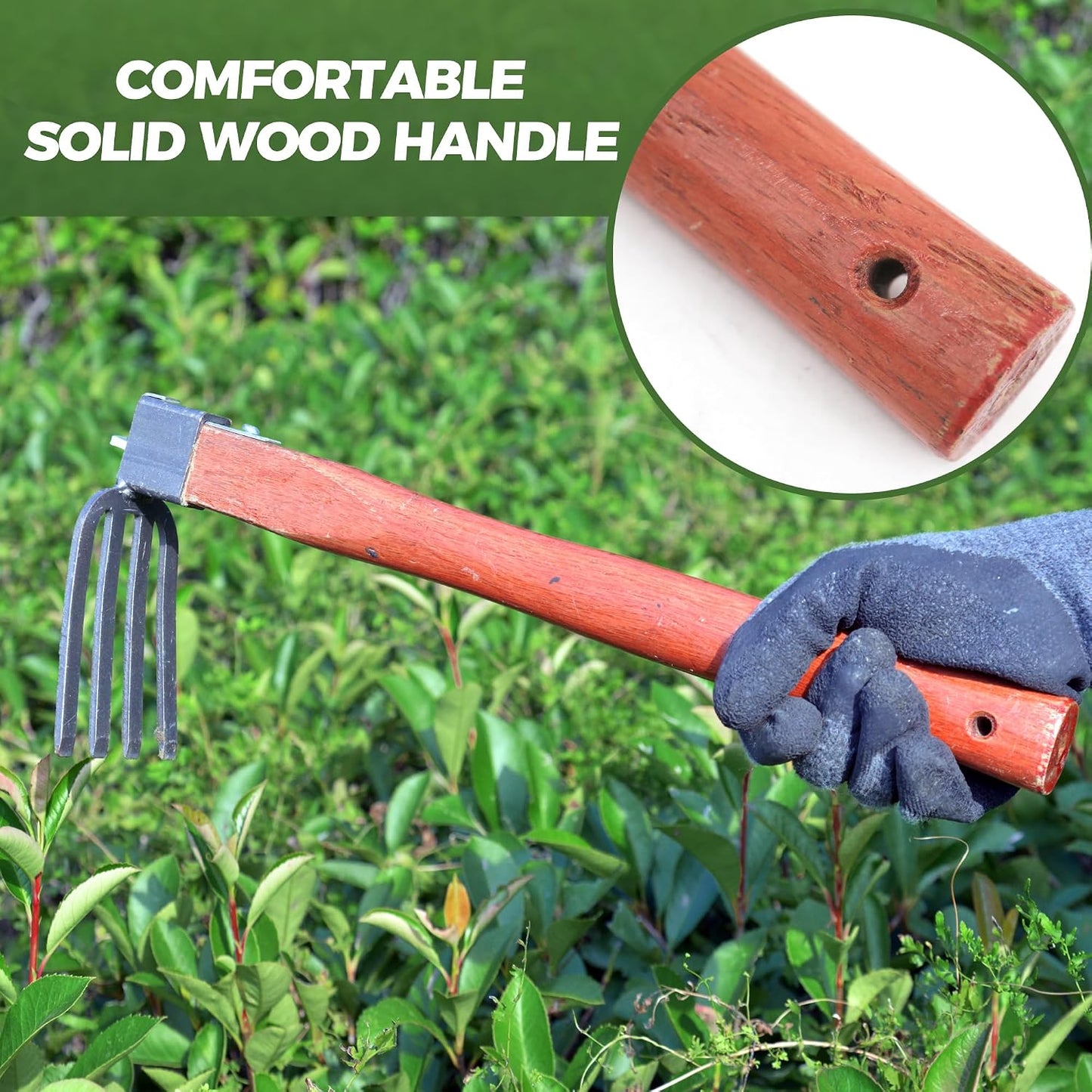 Heavy Duty Garden Tool Set, 2-Piece Hand Cultivator Kit with Carbon Steel Hoe & Rake, 15.2inch Wooden Handle Gardening Hand Tools for Digging, Weeding, Loosening Soil
