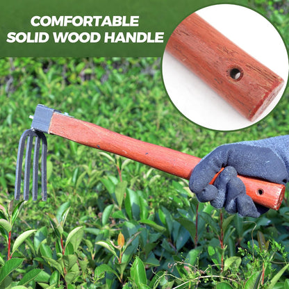 Heavy Duty Garden Tool Set, 2-Piece Hand Cultivator Kit with Carbon Steel Hoe & Rake, 15.2inch Wooden Handle Gardening Hand Tools for Digging, Weeding, Loosening Soil