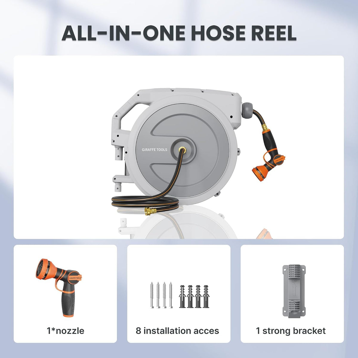 Retractable Garden Hose Reel 1/2"130FT Wall Mount Light Grey