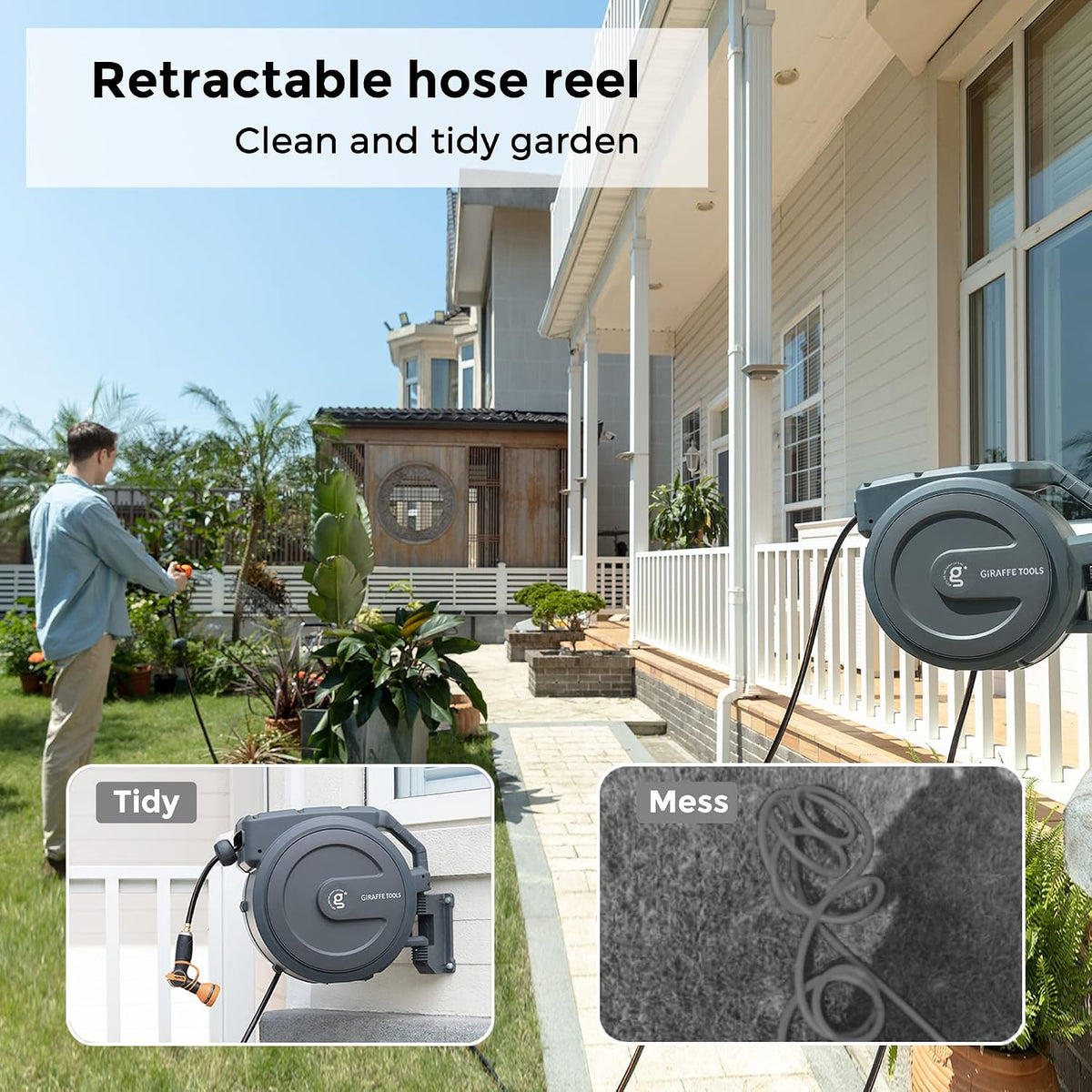 Retractable Garden Hose Reel 1/2"130FT Wall Mount Light Grey