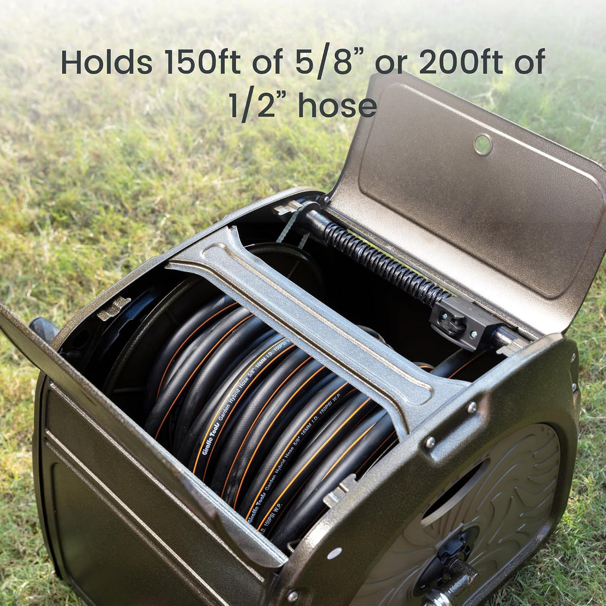 SW5 Metal Hose Reel Box, Heavy Duty Garden Hose Storage Reel Hideaway, Crank Handle, 150ft 5/8" Hose Capacity, Green
