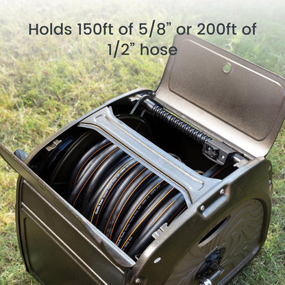SW5 Metal Hose Reel Box, Heavy Duty Garden Hose Storage Reel Hideaway, Crank Handle, 150ft 5/8" Hose Capacity, Green