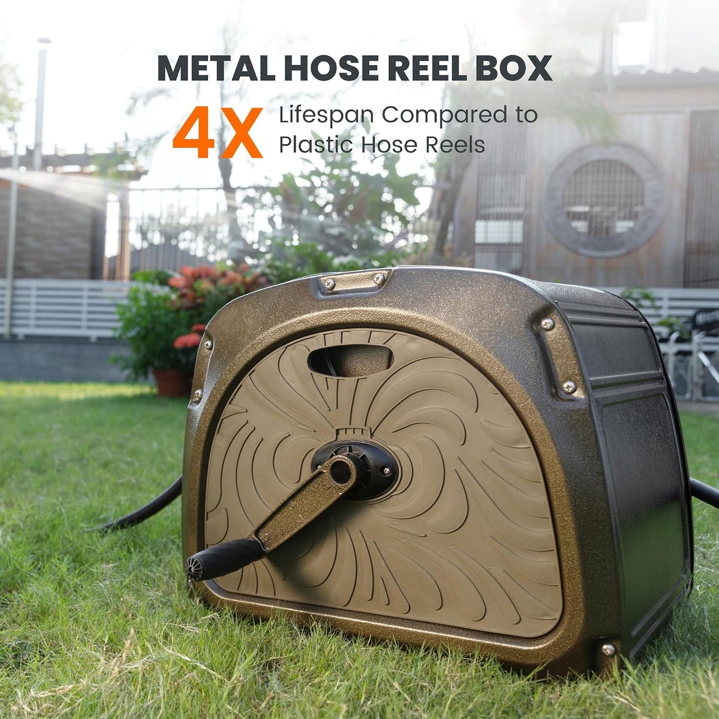SW5 Metal Hose Reel Box, Heavy Duty Garden Hose Storage Reel Hideaway, Crank Handle, 150ft 5/8" Hose Capacity, Green
