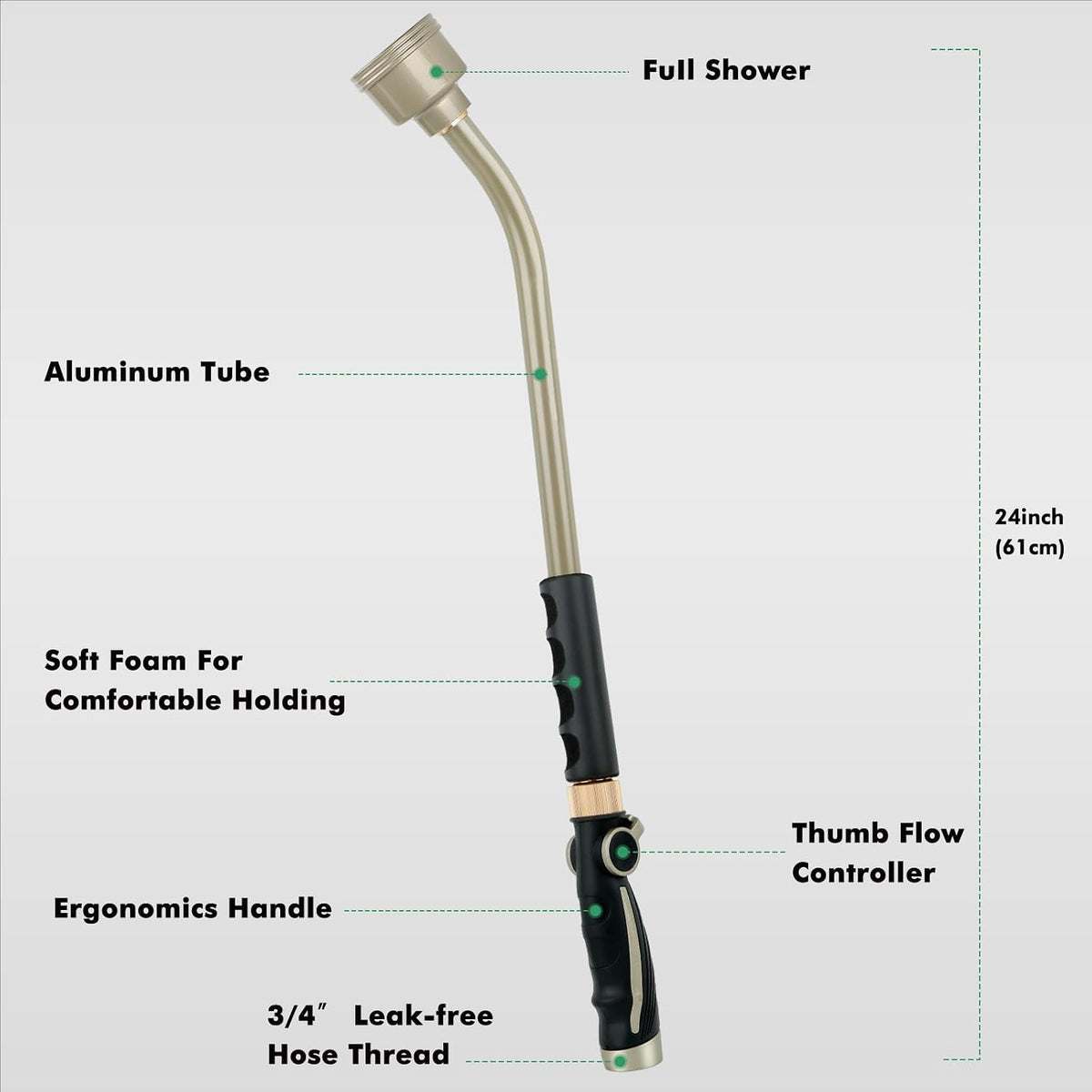 Long Watering Wand, 24 Inches Gentle Soft Full Shower Sprayer Wand