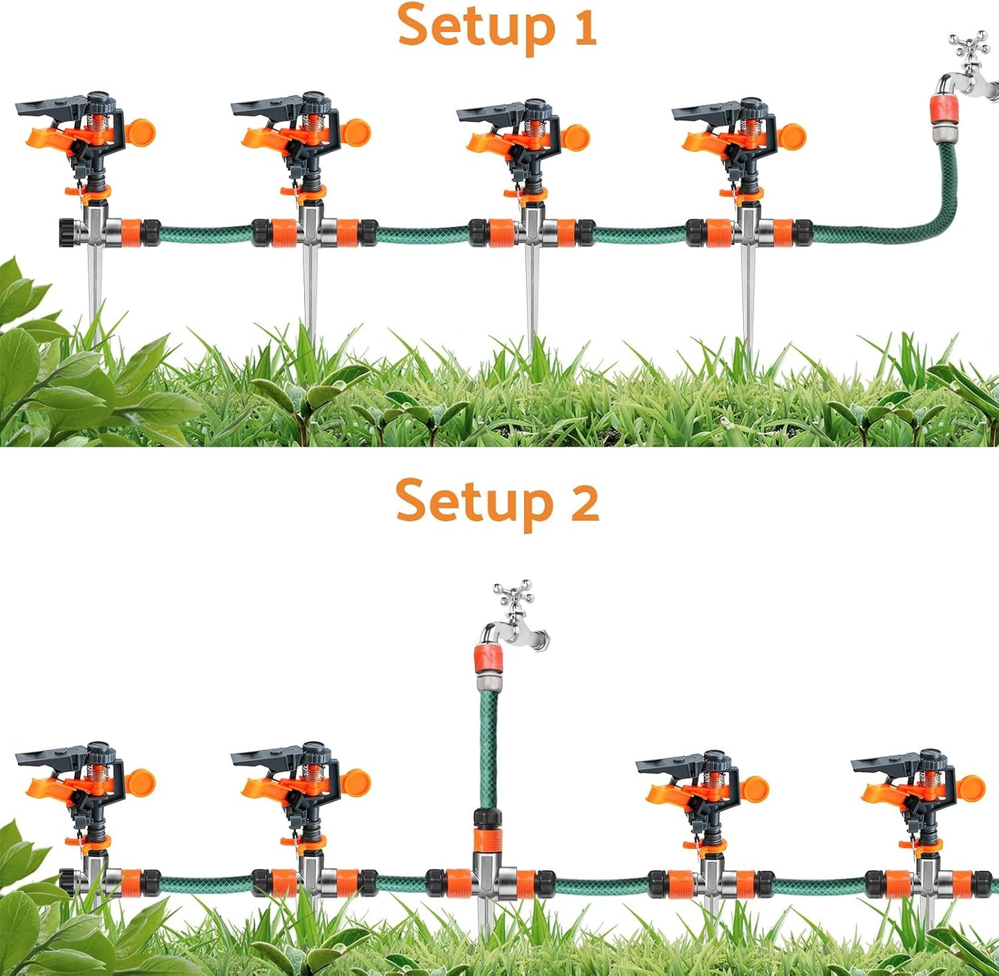 12 Pack Pulsating Sprinklers with Metal Spike, 360° Adjustable Rotating Impact Sprinkler Large Area Coverage Sprinklers for Yard Lawn Garden Above Ground Sprinkler System (Black and Orange)